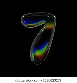 Number 7, 3d holographic glass seven number sign. Balloon bubble inflated shape isolated with rainbow dispersion effect, perfect for Y2K futuristic typography and modern font design projects 