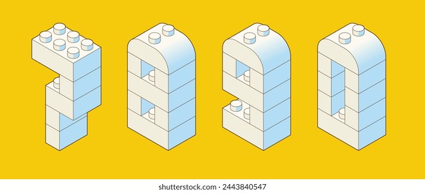 Number 7, 8, 9, 0  from Plastic building blocks. Colored bricks isolated on white background. Vector 3d illustration.