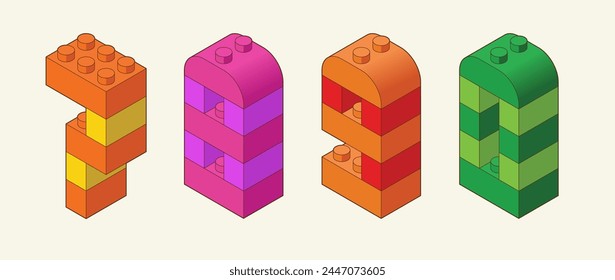 Number 7, 8, 9, 0  from Plastic building blocks. Colored bricks isolated on white background. Vector 3d illustration.