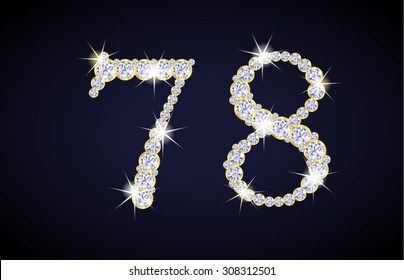 Number 7 and 8 composed from diamonds with golden frame. Complete alphanumeric set.