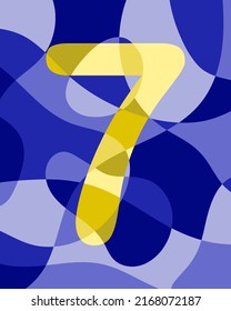 Number 7 of abstract smooth rounded shapes. Contrasting yellow number on a blue background. Vector illustration