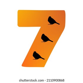 Number 7 of the alphabet made with color orange and three silhouette of birds, isolated on a white background; vector