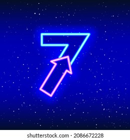 Number 7 and arrow sign icon in neon blue and pink color. Arrowed numeral seven of space stars. Neon linear digit design. Realistic neon icon. Linear icon on blue background.