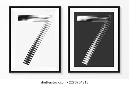 The number "7" is a black and white abstract brush hand drawn on paper with a black wooden frame. vector illustration.