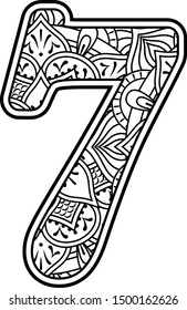 number 7 in black and white with doodle ornaments and design elements from mandala art style for coloring. Isolated on white background