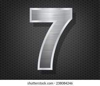 Number 7 in brushed steel isolated on black hexagon pattern background 