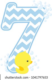 number 7 with bubbles and little baby rubber duck isolated on white background. can be used for baby boy birth announcements, nursery decoration, party theme or birthday invitation