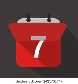 Icono plano de calendario número 7 con página invertida aislada en fondo negro con sombras.Ilustración vectorial.