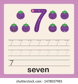 Number 7, card for kids learning to count and to write, worksheet for kids to practice writing skill, Vector illustration