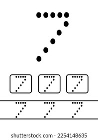 Number 7. Card for kids learning to count and to write. Worksheet for kids to practice writing skill. Kids learning material. Worksheet for learning numbers. Seven