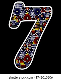 number 7 with colorful dots. Abstract design inspired in mexican huichol beaded art style. isolated on black background