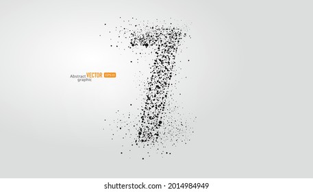 The number 7 is composed of particles on gray background. Abstract vector font material.
