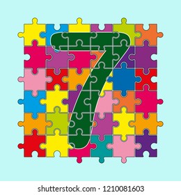 number 7 is composed of pieces of multi-colored puzzles