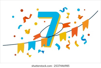 Number 7. Confetti and flags on the number seven. Flat vector illustration