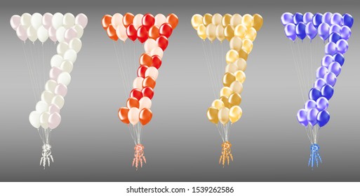 Number 7, consisting of a large number of balloons, in four color options