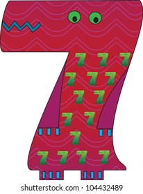 Number 7 from the Crazy Creature Alphabet set, featuring vibrant colors and cute animal characters