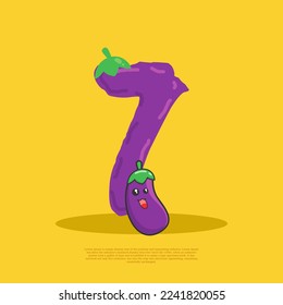 number 7 with cute eggplant sitting beside it. flat design vector