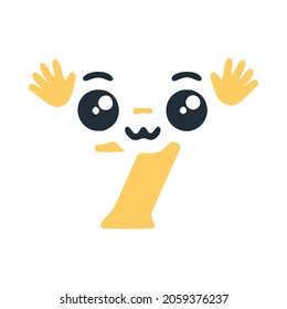 Number 7 cute kawaii character with hands, funny emoticon vector clip art.