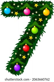 Number 7. Design of the Christmas alphabet and numbers. Christmas tree with toys. Vector illustration on a white background.