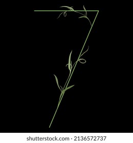 Número 7. Dígito siete. Dígito botánico. Bella fuente floral con delicadas hojas verdes o ramas de césped. Ilustración vectorial aislada. Sobre fondo negro.