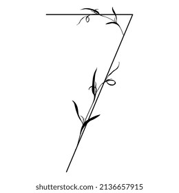 Number 7. Digit seven. Botanical digit. Beautiful floral font with delicate leaves or branches of grass. Isolated vector illustration. Black silhouette on white background.