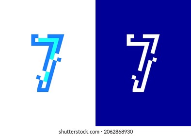 Digitales Logo Nummer 7. Numbers Design mit Technologiekonzept. Linienlogo und Pixel