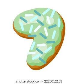 Number 7 in donut font vector illustration. Design of number from chocolate donut or cookie with icing. Food, dessert, typography concept for bakery or cafe