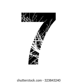 Number 7 double exposure with white tree isolated on black background.Vector illustration.Black and white double exposure silhouette lettering combined with photograph of nature. Letters  alphabet.