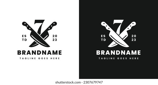 Logotipo de doble Cuchillo número 7, adecuado para cualquier negocio relacionado con el cuchillo con 7 inicial.