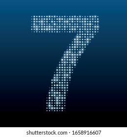 The number 7 is evenly filled with white dots of different sizes. Vector illustration on blue background