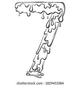 Number 7 with flow drops and goo splash. Dripping liquid symbol. Vector trendy font made in hand drawn line art style isolated on white background. Slime logo or initial letter.