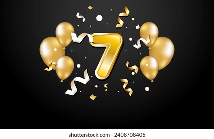 The number 7 is gold on a black background. Golden balls and confetti with streamers.