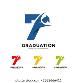 Graduación número 7 con el símbolo de la tapa. Diseño del logotipo del vector. Adecuado para empresas, educación, nombre inicial, cartel y etiqueta