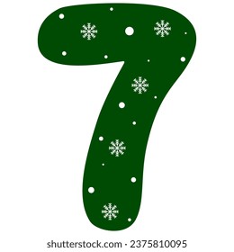 number 7 green color, snowflake pattern, winter letters, vector illustration