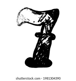 The number 7. Grunge ink, isolated on white background. Hand drawn with ink. Vector illustration.