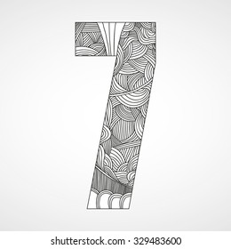 Number "7" with hand drawn abstract doodle pattern.