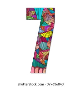 Number 7 with hand drawn abstract doodle pattern. Vector illustration.