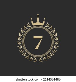 Number 7 Heraldic Royal Frame with Crown and Laurel Wreath. Simple Classic Emblem. Round Composition. Graphics Style. Art Elements for Logo Design Vector Illustration