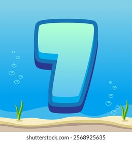 Number 7 Illustration with Gradient Blue Background, Bubbles, and Ocean Floor Details Featuring Sand and Seaweed