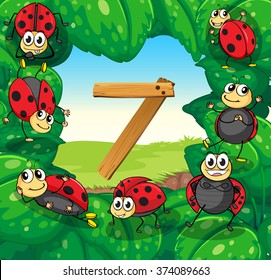 Number 7 with 7 ladybugs on leaves illustration