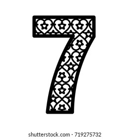 Number 7 for laser cutting. Numeral character seven. Decorative paper font. Numeric date template. Vector letter for wedding invitation and birthday card.