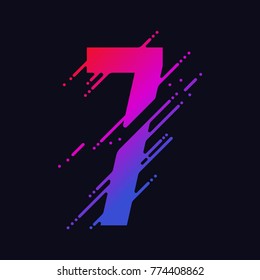 Number 7 with liquid splash and drops, abstract colorful digits, ink mathematic symbol, stylized numeral, dynamic paint trail font. Vector