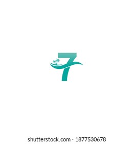 Logotipo número 7 árbol de coco y vector de diseño de iconos de olas de agua