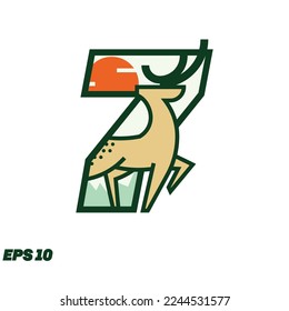 Number 7 logo design vector with deer icon in monoline shape