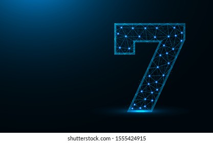 Number 7 low poly design, mathematics abstract geometric image, seven wireframe mesh polygonal vector illustration made from points and lines on dark blue background