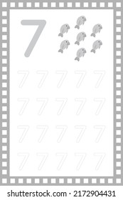 Number 7 lowercase. Worksheet. Children's education. Manatee  illustration. Vector typeset. Preschool training.