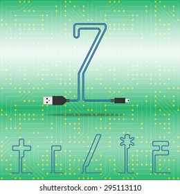 Number 7 and mathematical symbols laid cable. USB blue cable, vector illustration. Background microchip