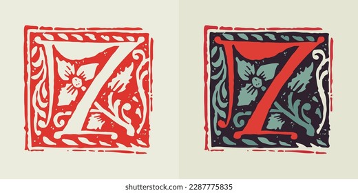 Number 7. Medieval gothic initial of number seven. Blackletter style drop cap logo. Dim colored and monochrome square shaped illuminated calligraphy. Perfect for Middle Ages poster, vintage identity.