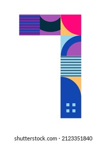 Number 7 from multicolored geometric shapes, cubes isolated on white. Neo geo. Vector illustration
