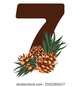 number 7 with new year design, namely different pine cones and pine branches for christmas and new year designs